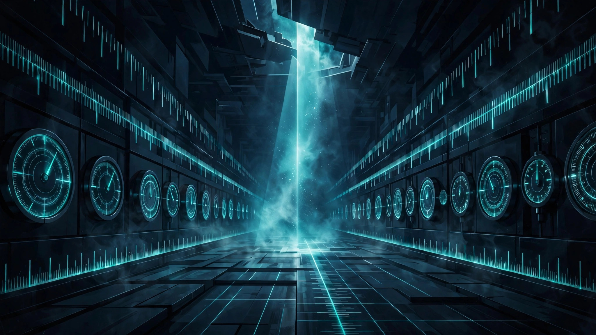 Abstract illustration of a corridor lined with glowing measurement gauges