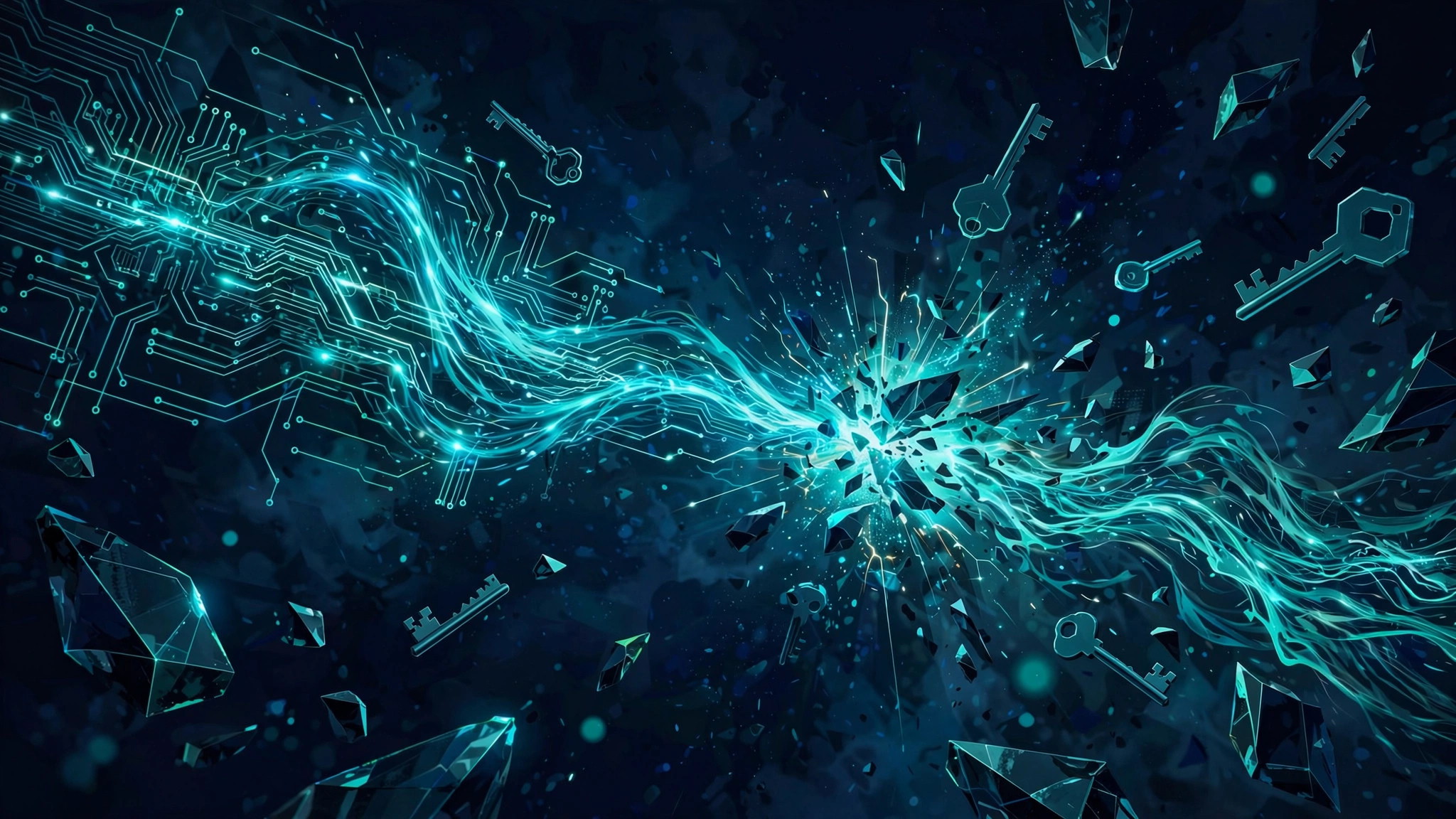 Abstract illustration of dueling teal circuitry currents and key shards