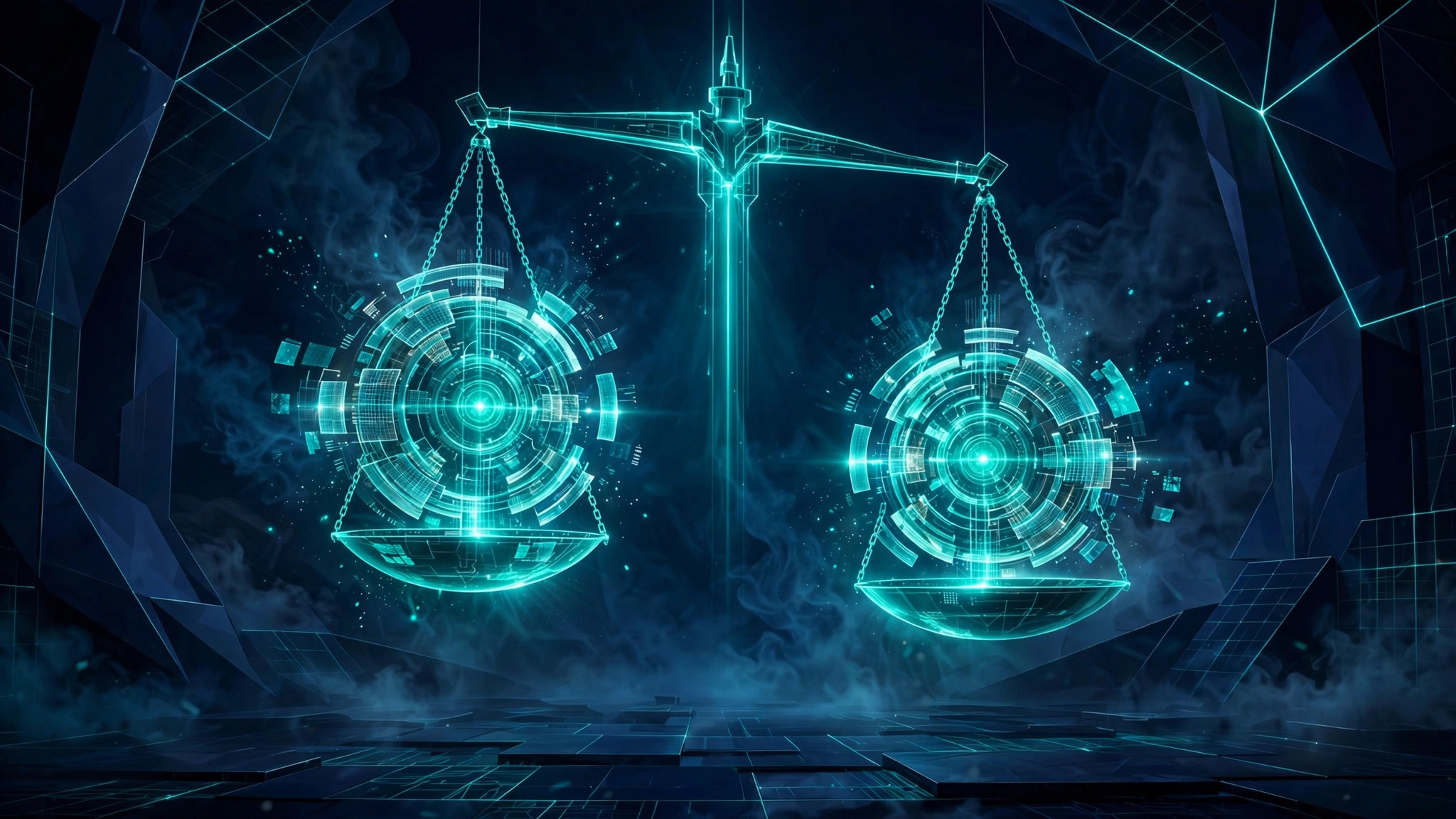 Abstract illustration of two glowing AI cores weighed on luminous scales