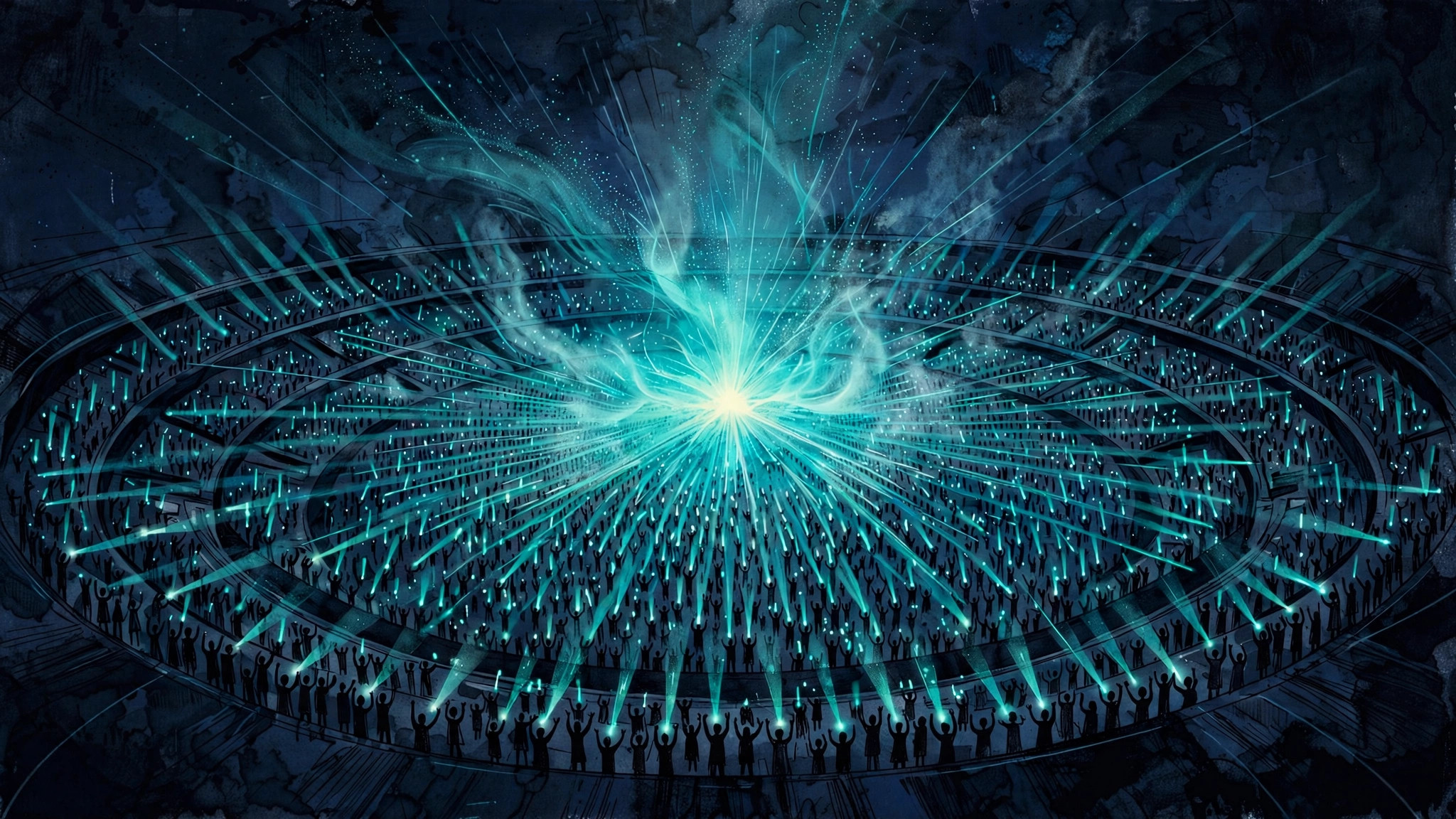 Abstract illustration of a glowing crowd raising beams of light in a dark arena